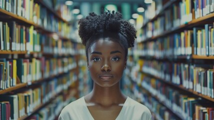 Poster - Student Studying for Exams at University Library: Portrait of Beautiful Gifted Black Girl Standing Between Rows of Bookshelves Looking for Class Assignment Books. Students Studying, Having Fun at