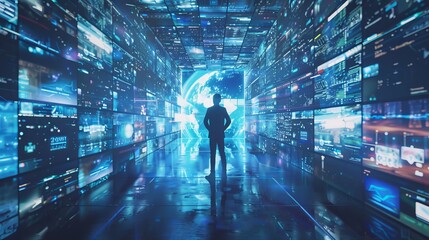 Poster - Concept: Businessman in 3D Cyberspace World: browsing through content websites, watching video streaming services, interacting with social networks, conducting e-commerce transactions