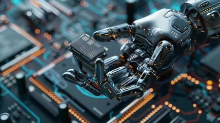 Poster - Detailed Edit Concept: A modern Authentic Robotic Arm holds a contemporary Super Computer Processor as CPU Microchip Digitalization of Information Power moves into focus.