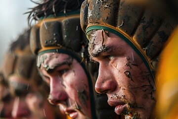 Canvas Print - A group of fierce rugby players huddled together in a closeup shot ready for the scrum