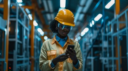 Poster - Female engineer wearing a hard hat standing at an electronics manufacturing factory using her smartphone. She is writing a message on her phone and checking her schedule.