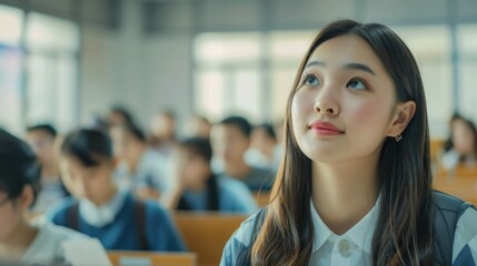 Poster - a smart asian student listens to a lecture in the classroom. bright young people attend universities