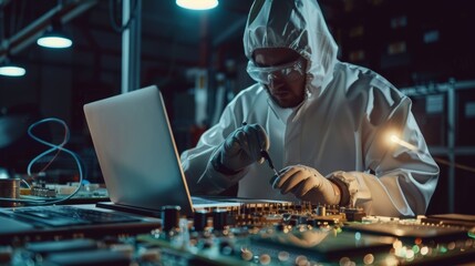 Poster - In this contemporary technology concept, the engineer is wearing a coverall while working on a laptop computer, inspecting a circuit board with microchips and typing data. The technician is testing