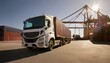 © Photo by mQ - Truck with cargo container parked in warehouse yard, cranes reloading containers for transportation