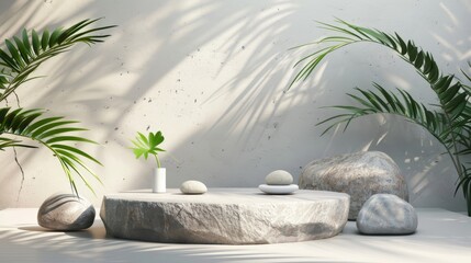 Mockup of natural realistic stone rock podium for spa, cosmetic, medical, beauty product presentations, zen tropical style.