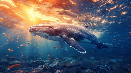 Split view of whales and marine life in the ocean