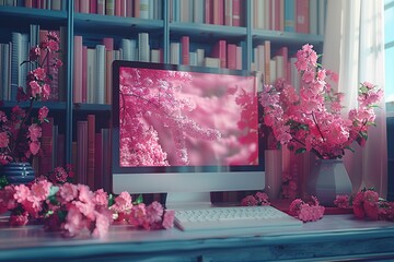 Poster - A computer monitor is surrounded by pink flowers and books