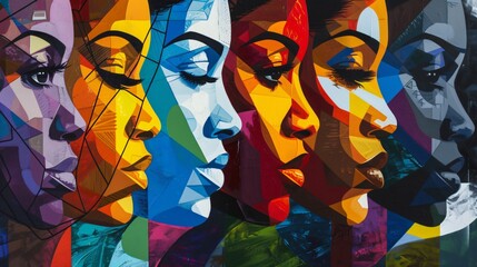 Wall Mural - a depiction of four black women in profile with bright colors and geometric shapes.