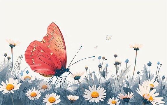 Minimalist line art pink butterfly in a field of daisies, bold lines, white background, simple aesthetic