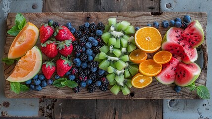 Wall Mural - Vibrant colors and textures of a fresh fruit platter, featuring an assortment of ripe berries, juicy melons, and tangy citrus fruits arranged artfully on a rustic wooden board. This high-resolution im