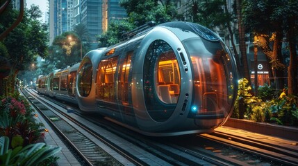 A cutting-edge, futuristic tram with transparent design travels on tracks surrounded by lush urban foliage