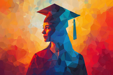 Wall Mural - colorful low-poly vector illustration of female college graduated silhouette, graduation celebration, diversity