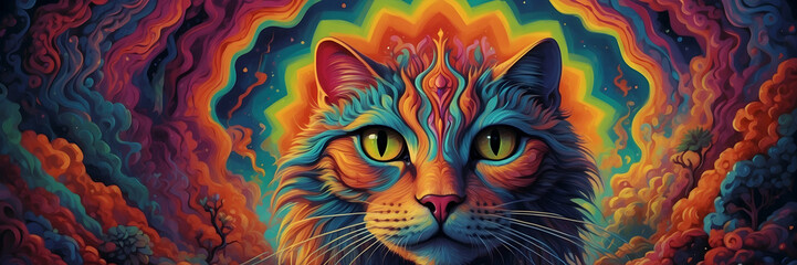  The image displays a surreal cat with intricate, psychedelic patterns and vibrant colors