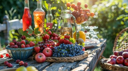 Wall Mural - A table is covered with a variety of fruits, including apples, grapes