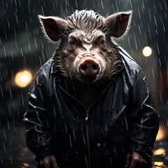 wild boar in the rain