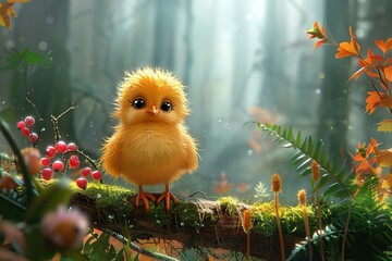 Wall Mural - A cute yellow bird is perched on a branch in a forest