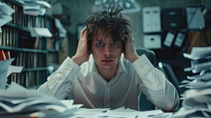 Wall Mural - A man is sitting at a desk with papers and books around him. He is looking at the camera with a worried expression on his face