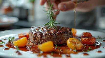 Wall Mural - A succulent grilled steak garnished with rosemary and surrounded by caramelized fruit and vegetables