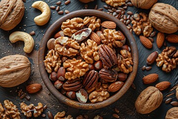 Poster - food snack ingredient organic brown vegetarian healthy nut almonds mixed walnut hazelnut protein seed background