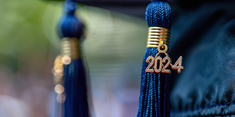 close-up photo of graduation cap with 2024 golden pin on it, class of 2024 college students celebration