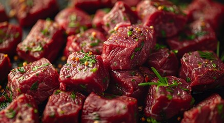 Wall Mural - Cubed pieces of raw low fat goulash beef pieces on table wit herbs and spices.Macro.AI Generative.