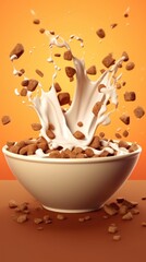 Wall Mural - Eating of healthy cornflakes with milk from bowl on table, 2d illustration. Pile of cornflakes on a bowl.