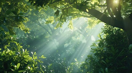 A3D rendered illustration of a podcast background inspired by nature, featuring a lush green forest, a clear blue sky, and sunlight streaming through the trees.  