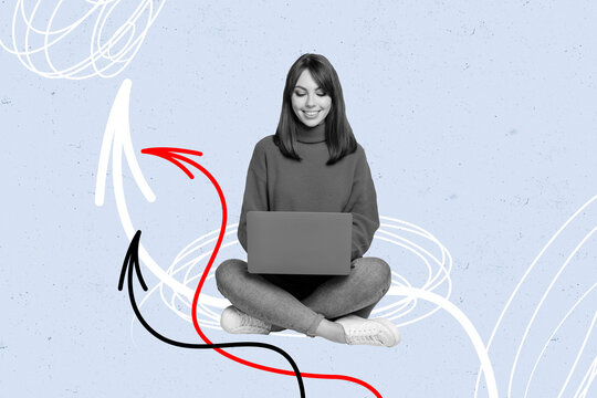 Composite collage image picture of black white effect girl use laptop arrow pointer up isolated on creative background