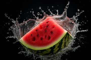 Poster - Fresh watermelon slice creating a dynamic splash on a black background