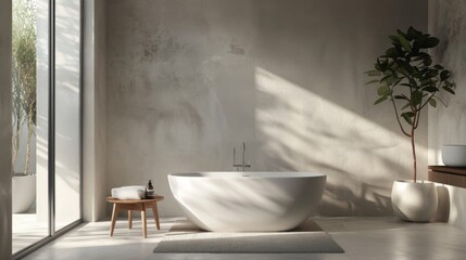Poster - A bathroom with a large white bathtub and a potted plant. The room is clean and well-lit, creating a calm and relaxing atmosphere