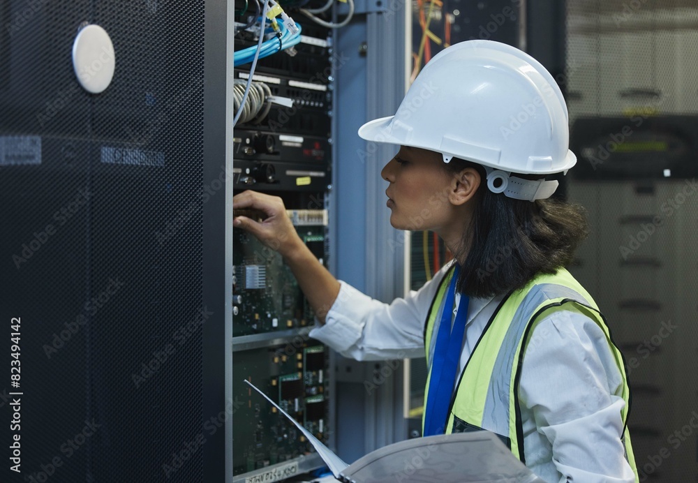 Network engineer, data center and server room for internet ...