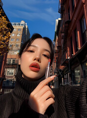 Wall Mural - an influencer taking a selfie while applying lipstick.