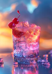 An icy cold beverage with glowing blue and purple tones and a doubled cherry garnish, suggesting a magical or futuristic ambiance