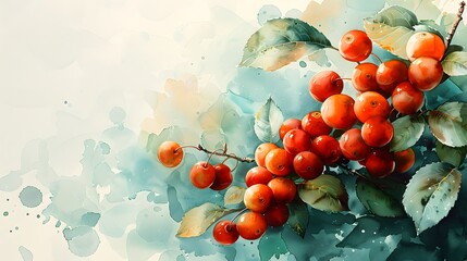 Wall Mural - A watercolor background with scattered coffee cherries and leaves, adding a touch of natural beauty and richness to any design. List of Art Media Photograph inspired by Spring magazine