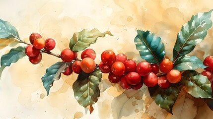 Wall Mural - a watercolor painting of a coffee tree with lush green leaves and ripe red coffee cherries, highligh