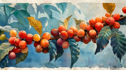 Wall Mural - a watercolor painting of a coffee tree with lush green leaves and ripe red coffee cherries, highligh