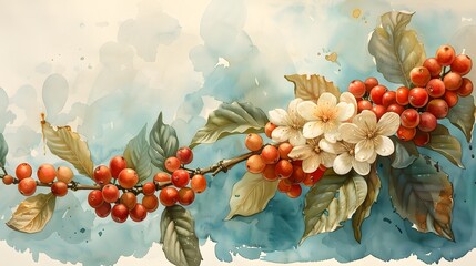 Wall Mural - a watercolor composition of a coffee tree branch with clusters of coffee cherries and white flowers,