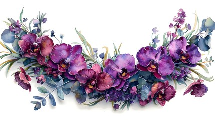 Wall Mural - A watercolor wreath made of orchid flowers and green foliage, perfect for framing text or as a decorative border. List of Art Media Photograph inspired by Spring magazine