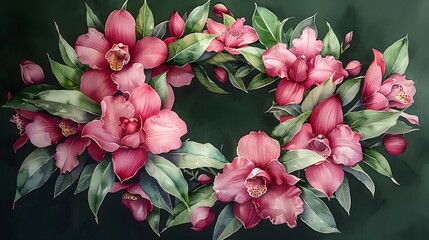 Wall Mural - A watercolor wreath made of orchid flowers and green foliage, perfect for framing text or as a decorative border. List of Art Media Photograph inspired by Spring magazine