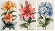 © sakareeya - A set of watercolor illustrations featuring individual wedding flowers such as lilies, hydrangeas, and gardenias, each meticulously detailed and vibrant. List of Art Media Photograph inspired by