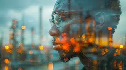 Wall Mural - A man with glasses looking out at a city skyline