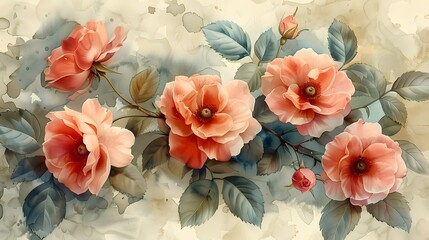 Wall Mural - A delicate watercolor pattern featuring pink roses and rosebuds, with subtle variations in color and intricate details in the petals and leaves. List of Art Media Photograph inspired by Spring