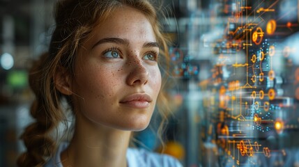 Wall Mural - A woman with blue eyes looking at a computer screen with a lot of numbers