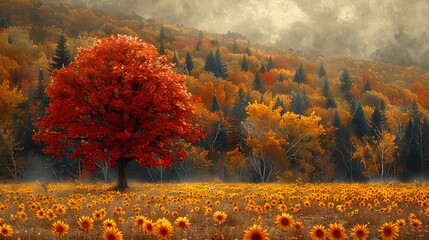 Wall Mural - a solitary maple tree with vibrant autumn leaves, standing in a field of blooming sunflowers against