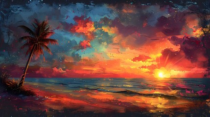 Wall Mural - a lone palm tree on a sandy beach, with a ring of tropical flowers at its base, silhouetted against 