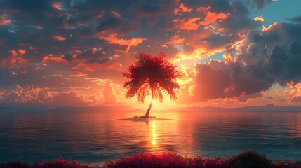 Wall Mural - a lone palm tree on a sandy beach, with a ring of tropical flowers at its base, silhouetted against 