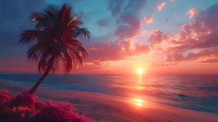 Wall Mural - a lone palm tree on a sandy beach, with a ring of tropical flowers at its base, silhouetted against 