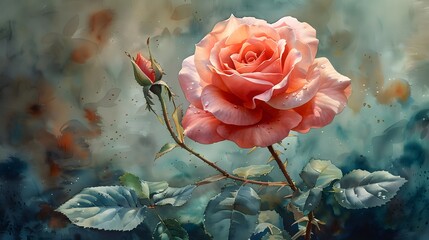 Wall Mural - A watercolor painting of a single pink rose in full bloom, with delicate petals and soft shading, capturing the beauty and elegance of the flower. List of Art Media Photograph inspired by Spring
