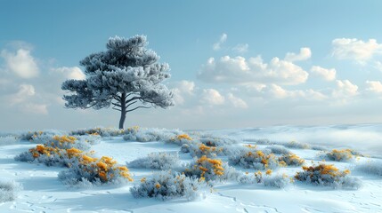 Wall Mural - a single pine tree on a snowy hill, with a patch of vibrant flowers at its base and a clear, crisp w