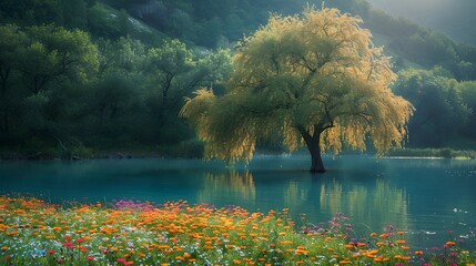 Wall Mural - a lone willow tree by the edge of a calm lake, with colorful wildflowers growing along the shoreline